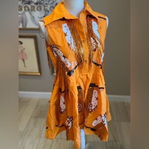 New! QUEEN OF SPARKLES Orange & White Sequin Boot Mini Dress